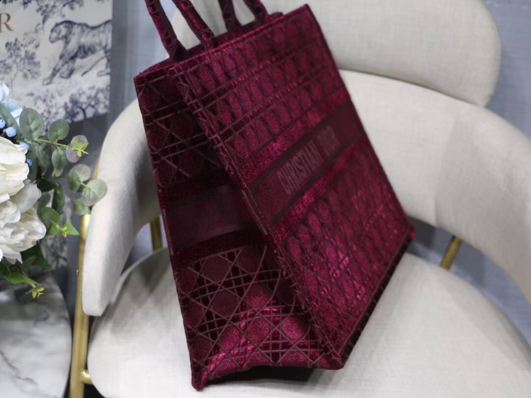 Dior Book Tote Bag In Bordeaux Cannage Embroidered Velvet 067