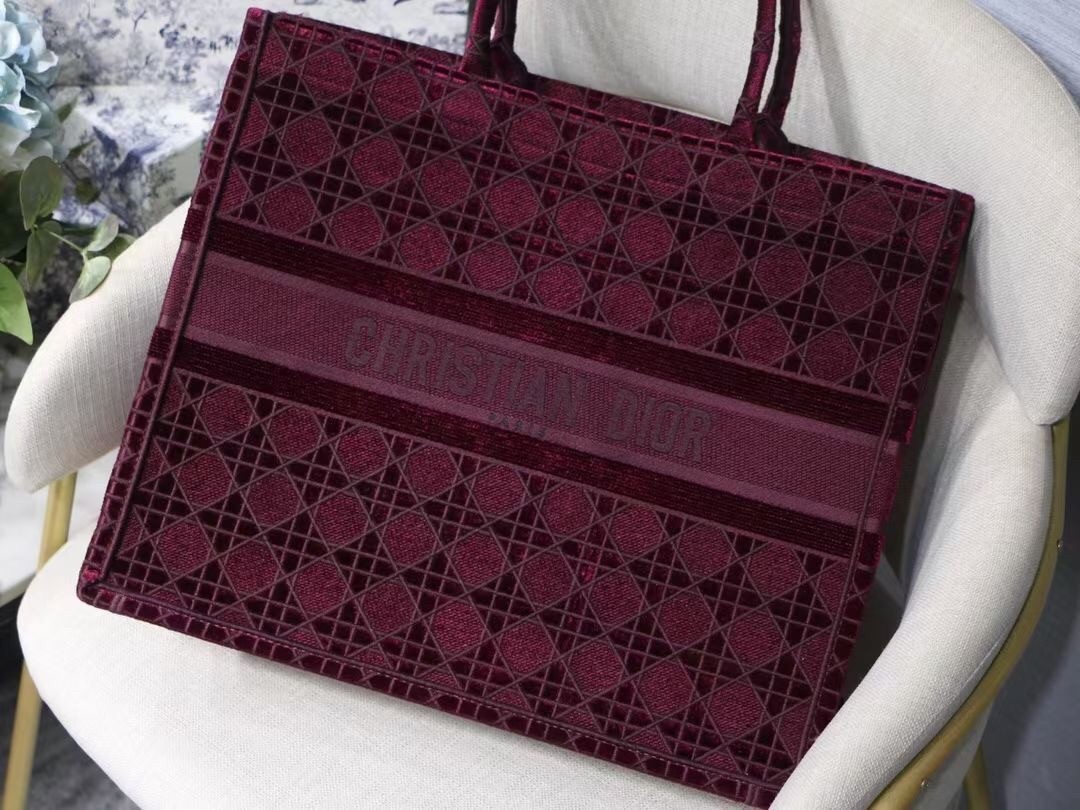 Dior Book Tote Bag In Bordeaux Cannage Embroidered Velvet 067