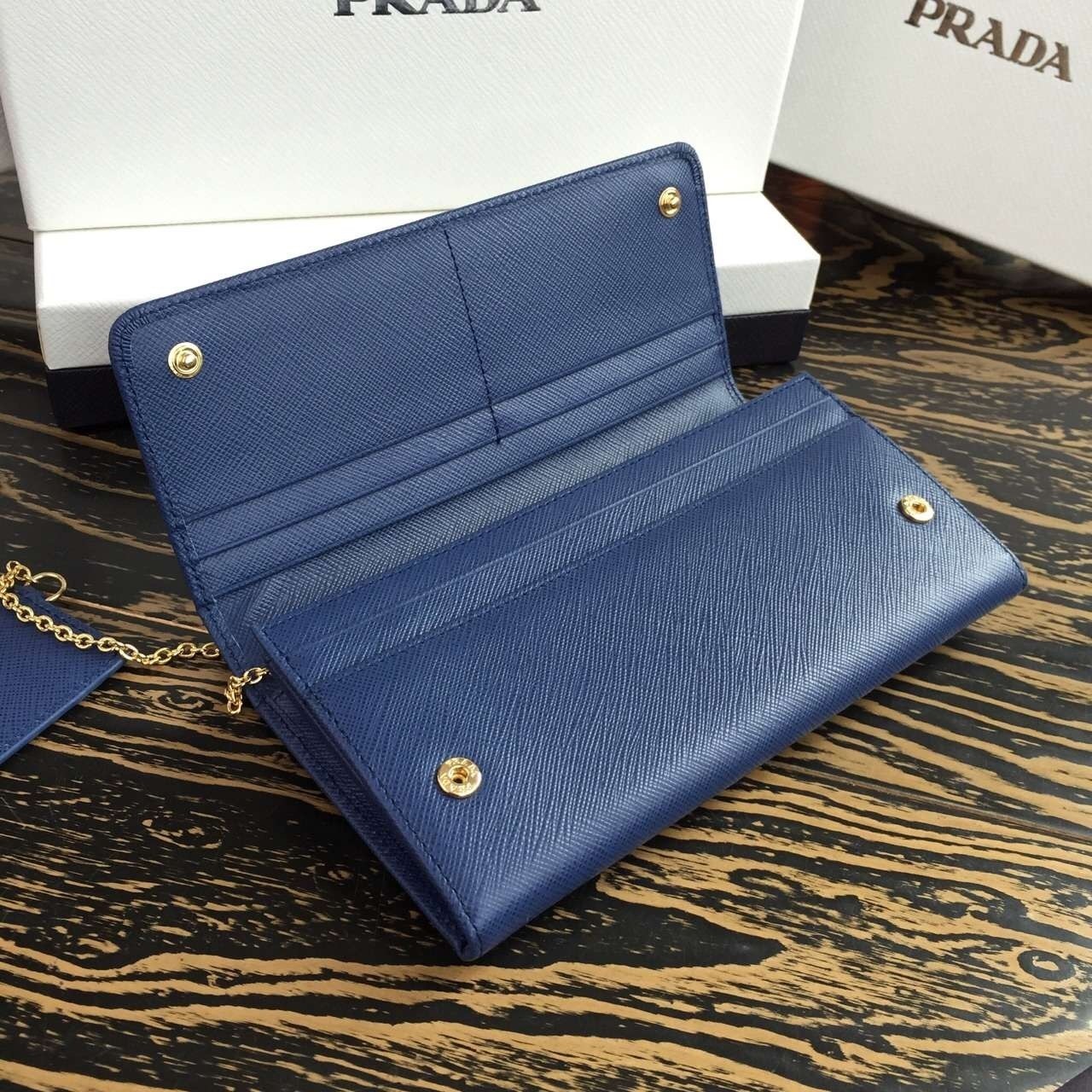 Prada Continental Wallet In Blue Saffiano Leather 542