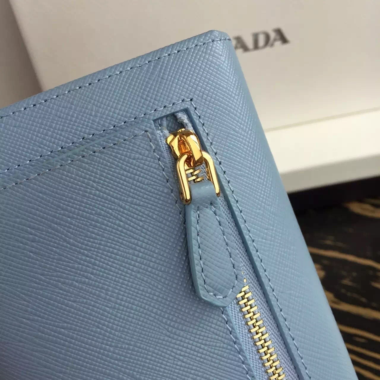 Prada Continental Wallet In Light Blue Saffiano Leather 101