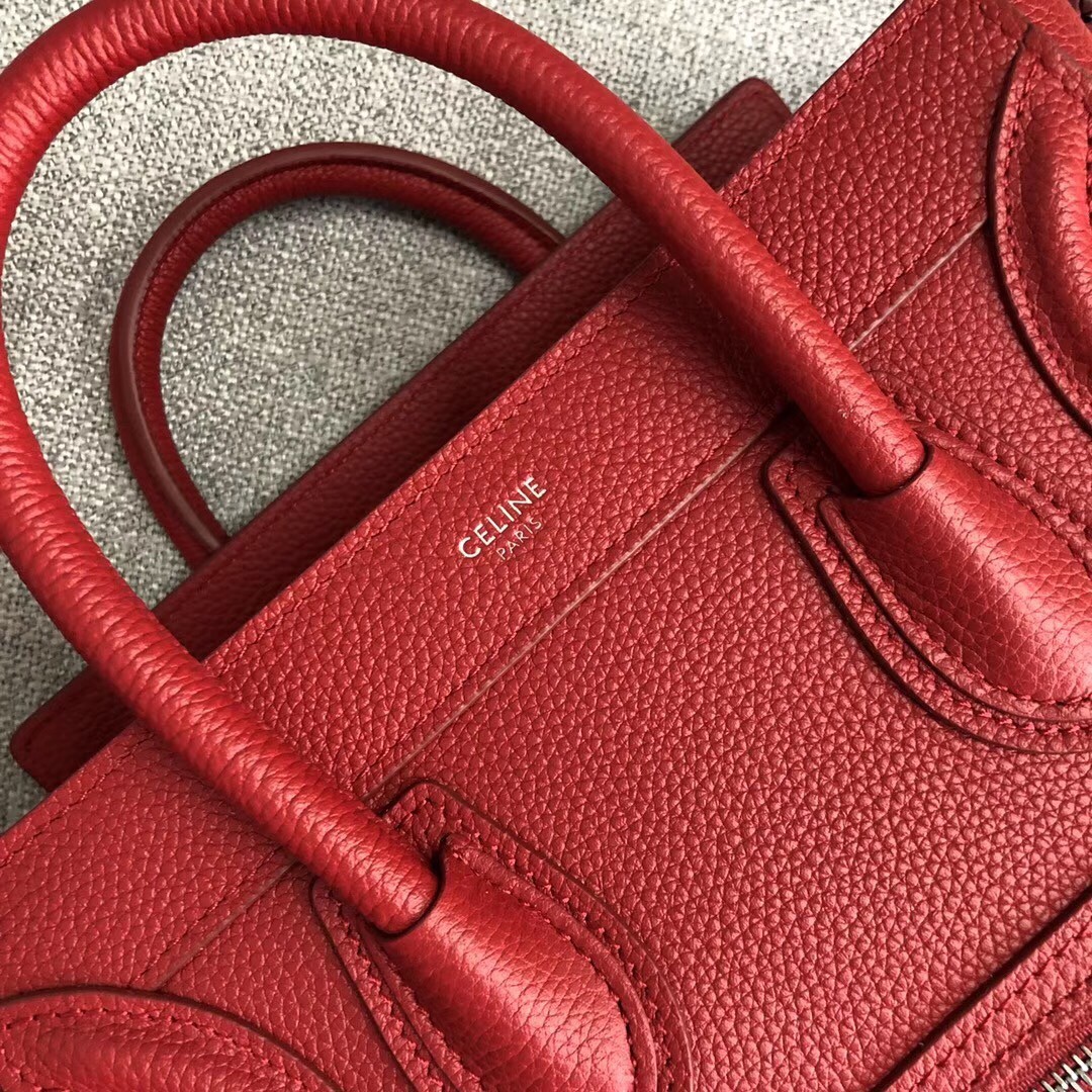 Celine Nano Luggage Tote Bag In Red Drummed Calfskin 891