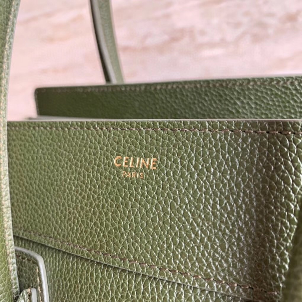 Celine Micro Luggage Tote Bag In Khaki Green Drummed Calfskin 408