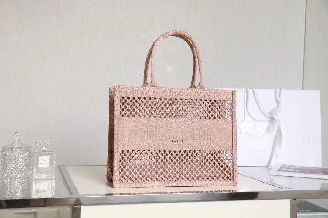 Dior Book Tote Bag In Beige Mesh Embroidery 381