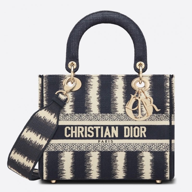 Dior Medium Lady D-Lite Bag In Blue D-Stripes Embroidery 456