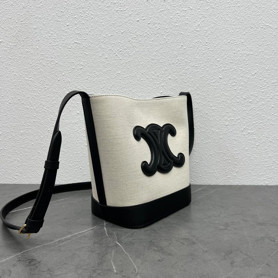 Celine Small Bucket Cuir Triomphe In White Textile 378