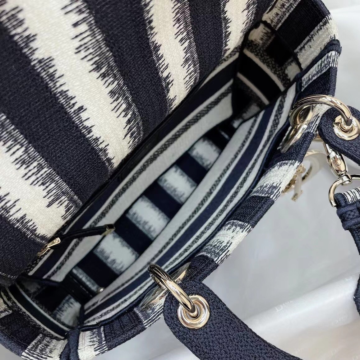 Dior Medium Lady D-Lite Bag In Blue D-Stripes Embroidery 456