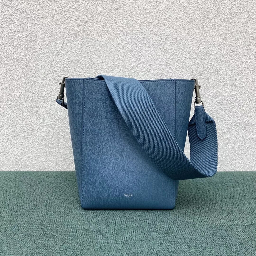 Celine Sangle Small Bucket Bag In Slate Blue Calfskin  437