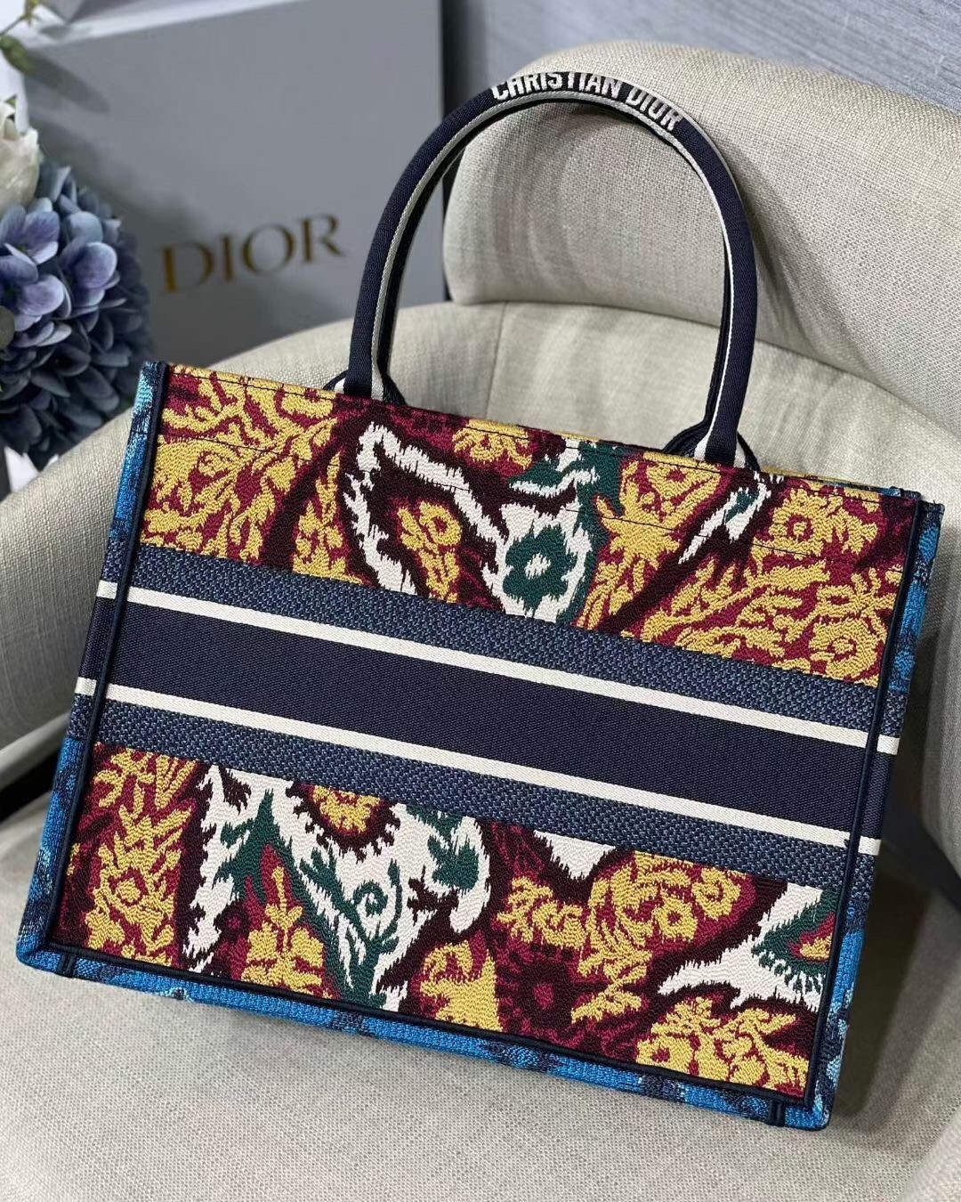 Dior Small Book Tote In Blue Multicolor Dior Paisley Embroidery 088