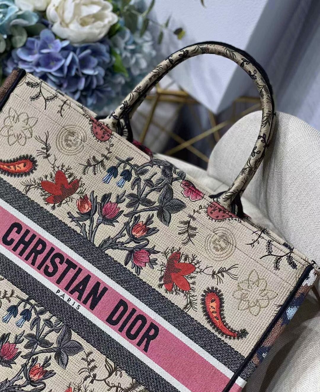 Dior Book Tote Bag In Multicolor Dior Flowers Embroidery 148