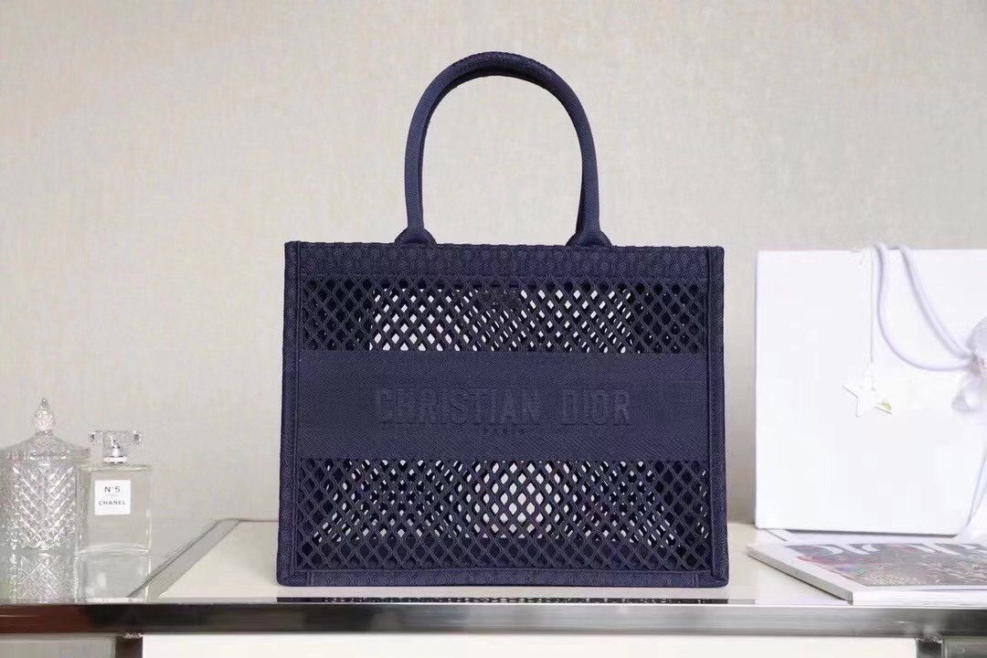 Dior Book Tote Bag In Blue Mesh Embroidery 173