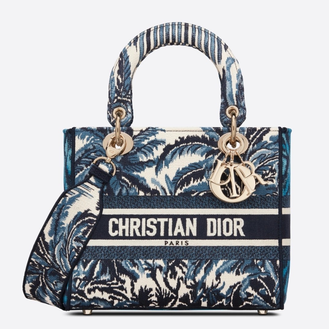 Dior Medium Lady D-Lite Bag In Blue Dior Palms Embroidery 608