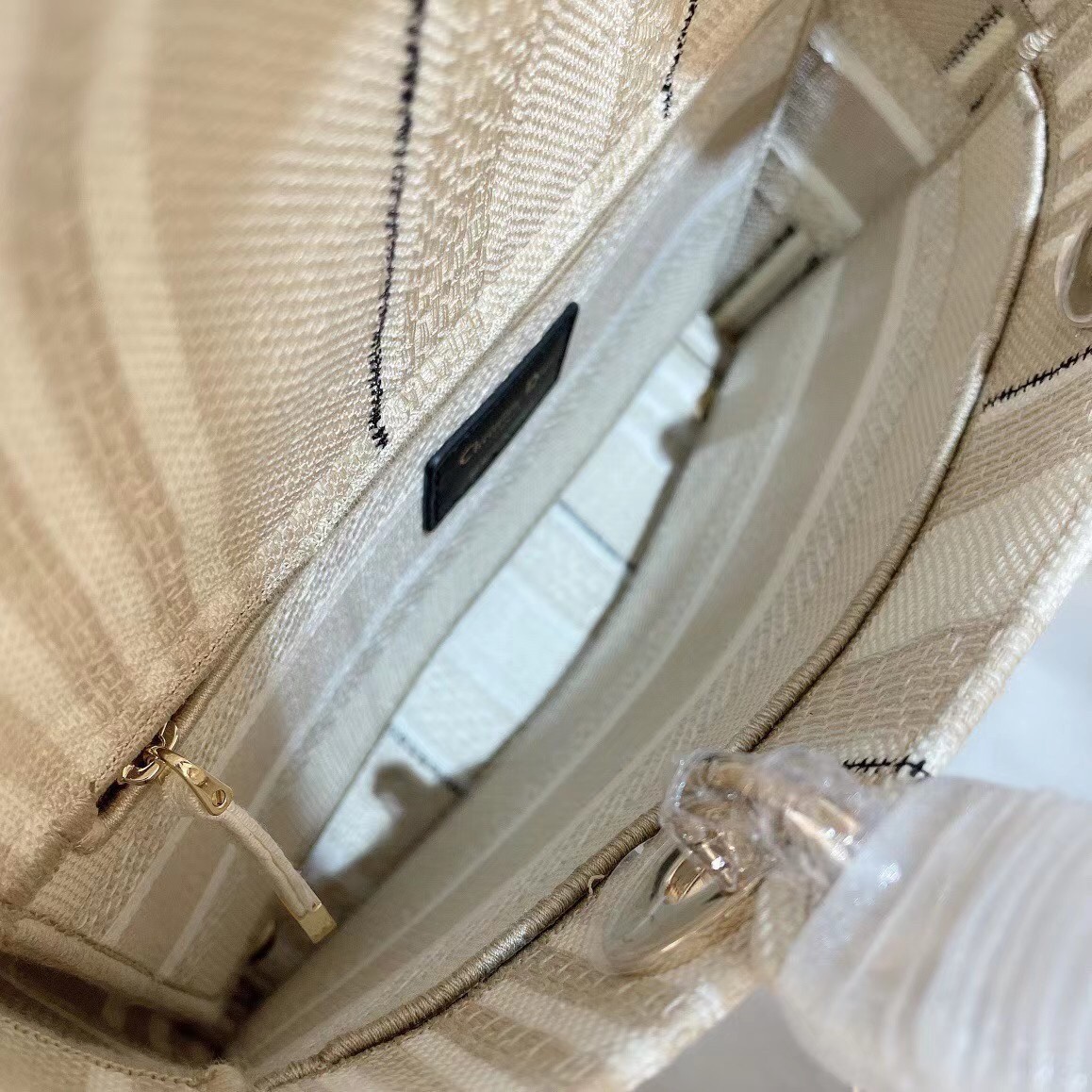 Dior Medium Lady D-Lite Bag In Beige Stripes Embroidery 647