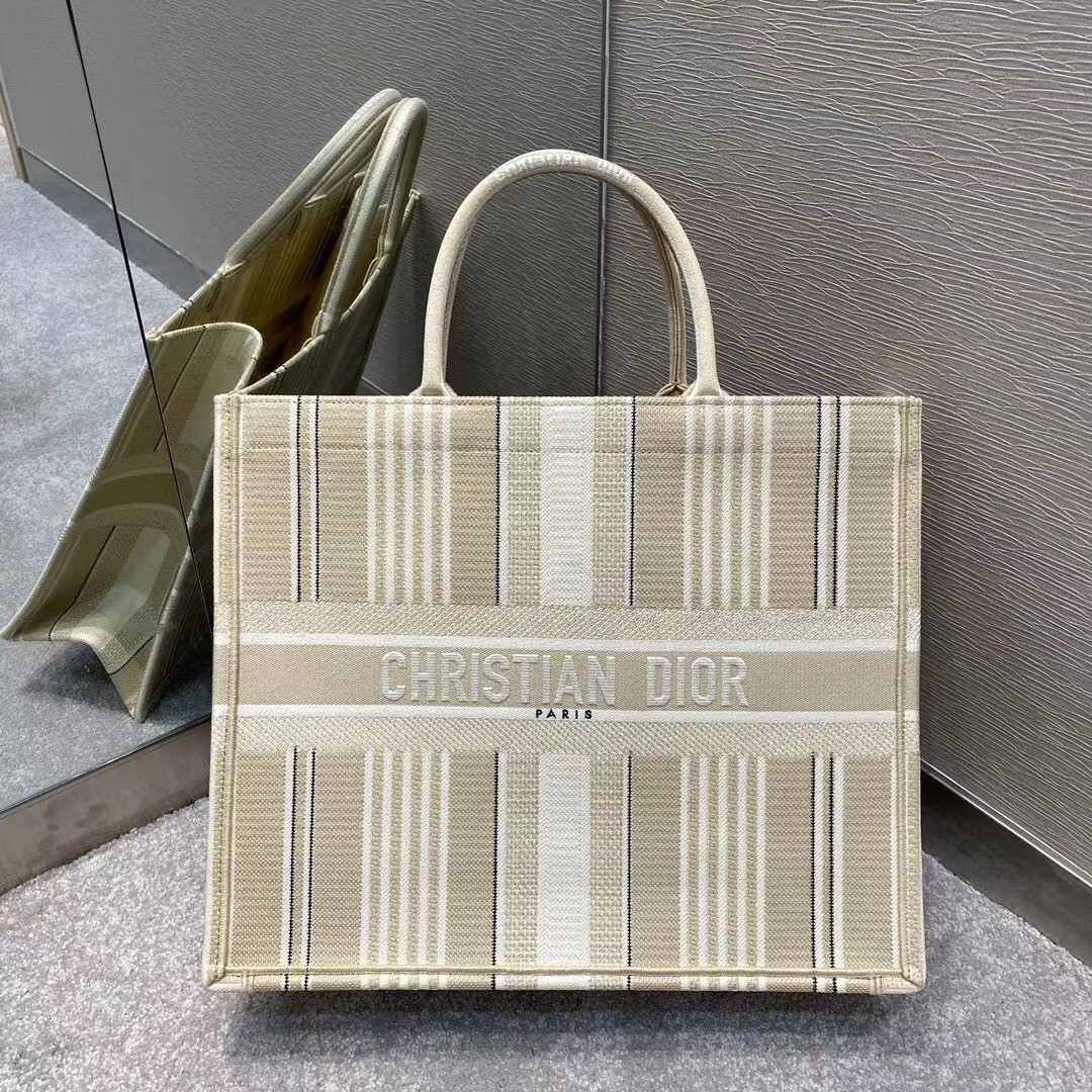 Dior Book Tote Bag In Beige Stripes Embroidery 227