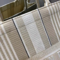 Dior Book Tote Bag In Beige Stripes Embroidery 227