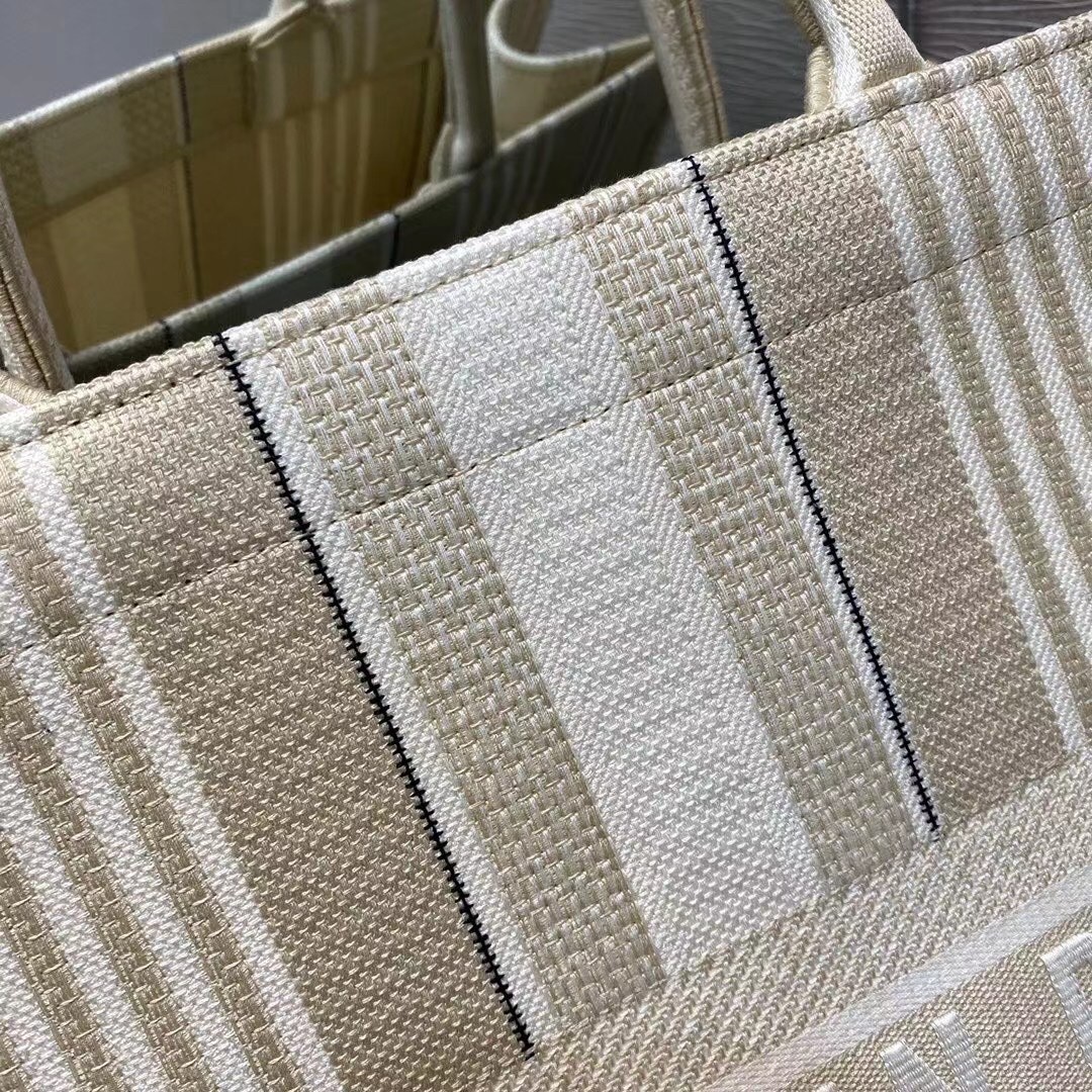 Dior Book Tote Bag In Beige Stripes Embroidery 227