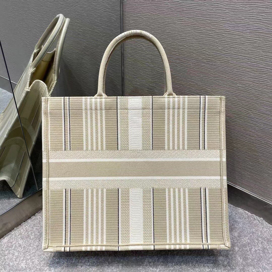 Dior Book Tote Bag In Beige Stripes Embroidery 227