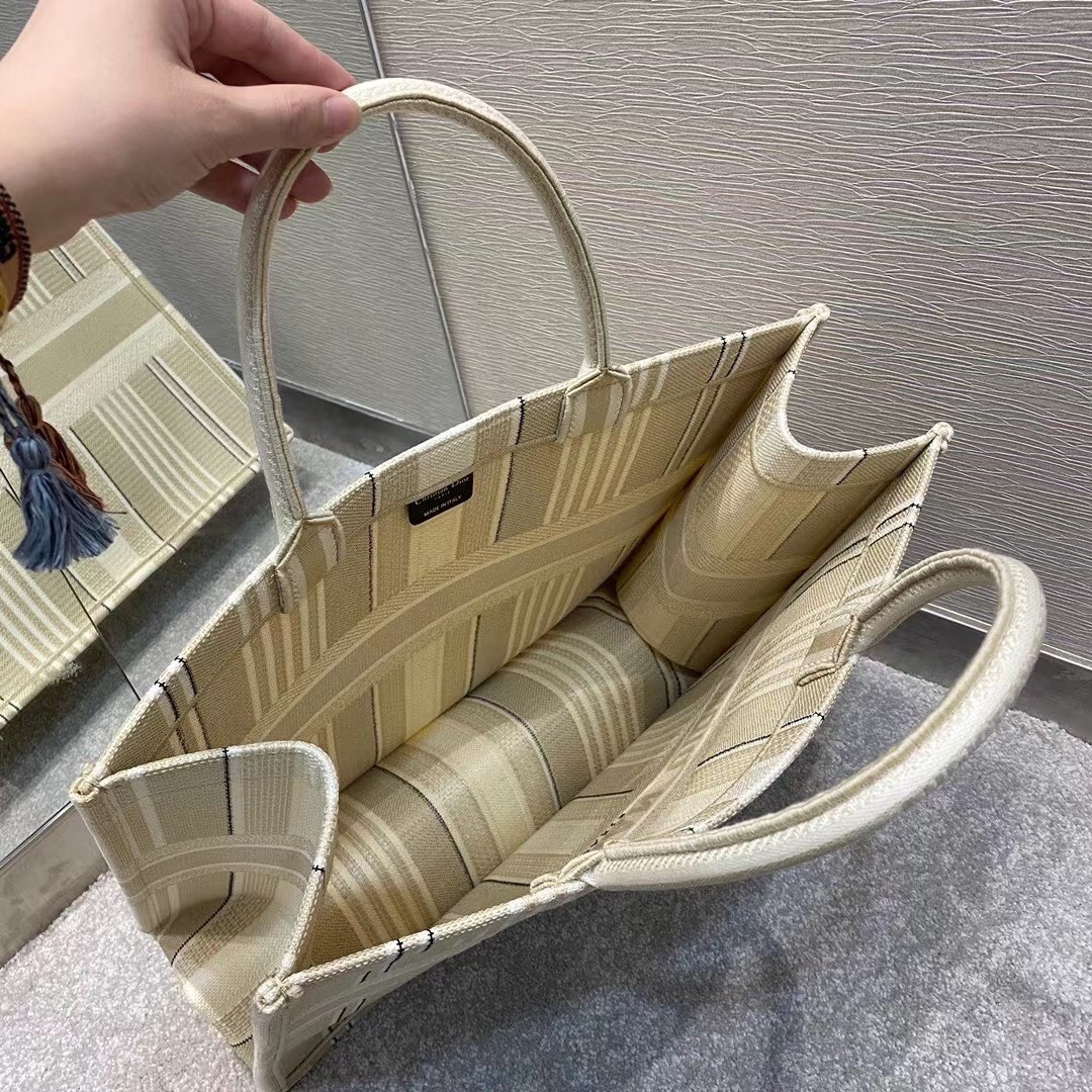 Dior Book Tote Bag In Beige Stripes Embroidery 227