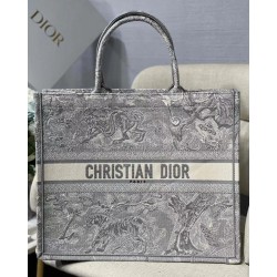 Dior Large Book Tote In Gray Toile de Jouy Reverse Embroidery 346