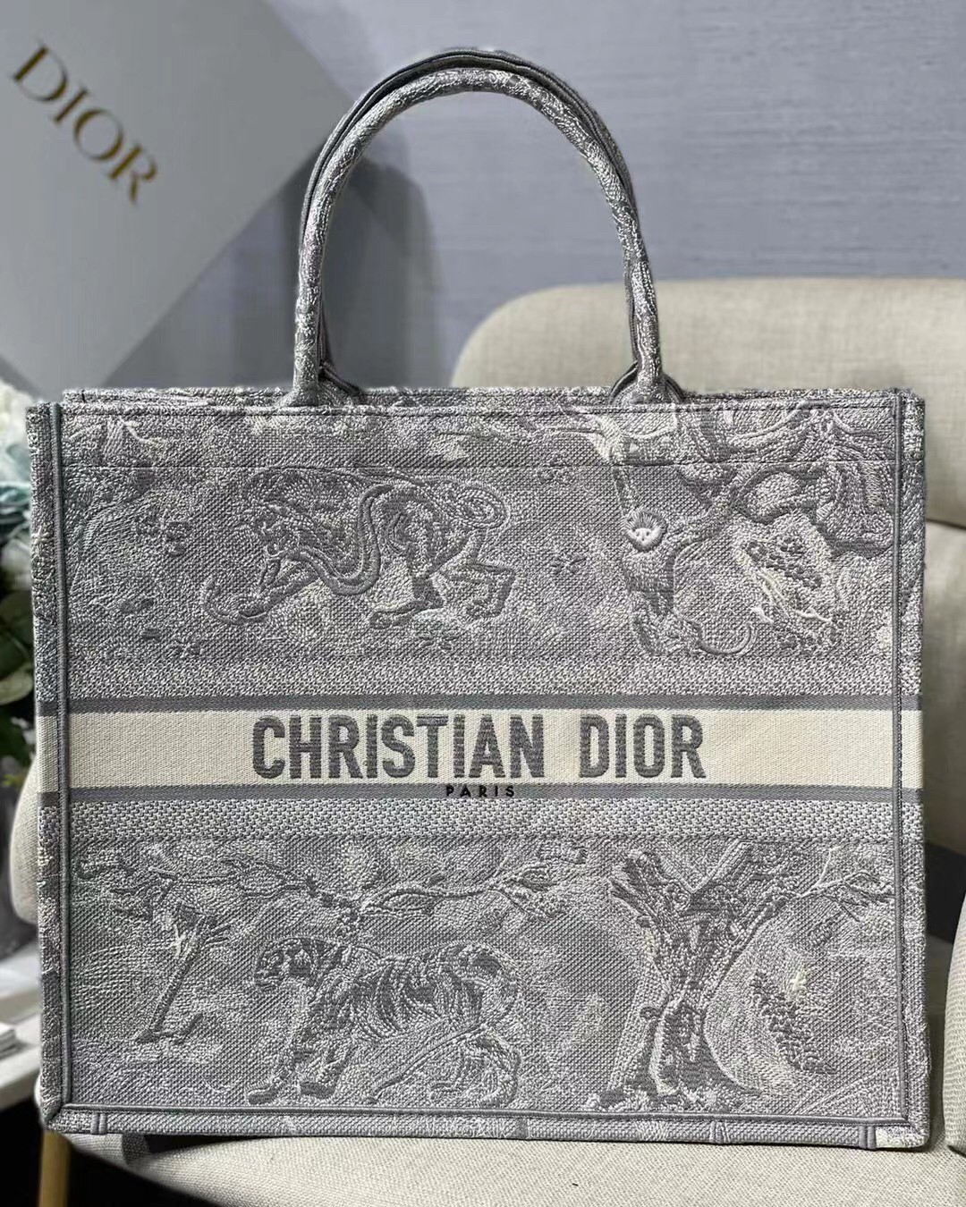 Dior Large Book Tote In Gray Toile de Jouy Reverse Embroidery 346