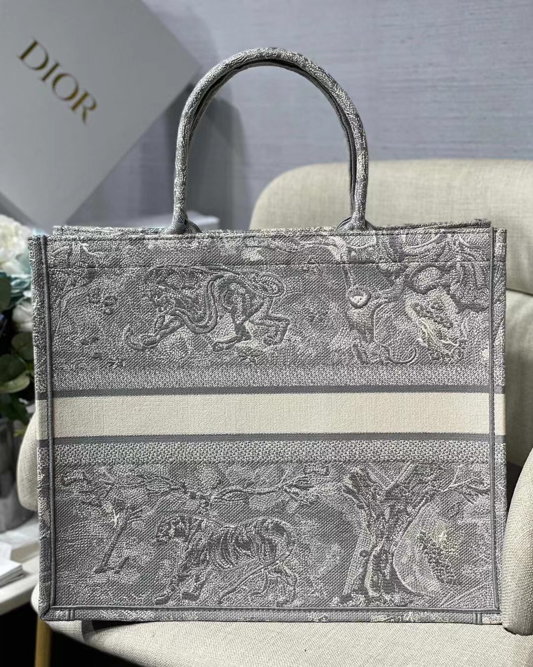 Dior Large Book Tote In Gray Toile de Jouy Reverse Embroidery 346