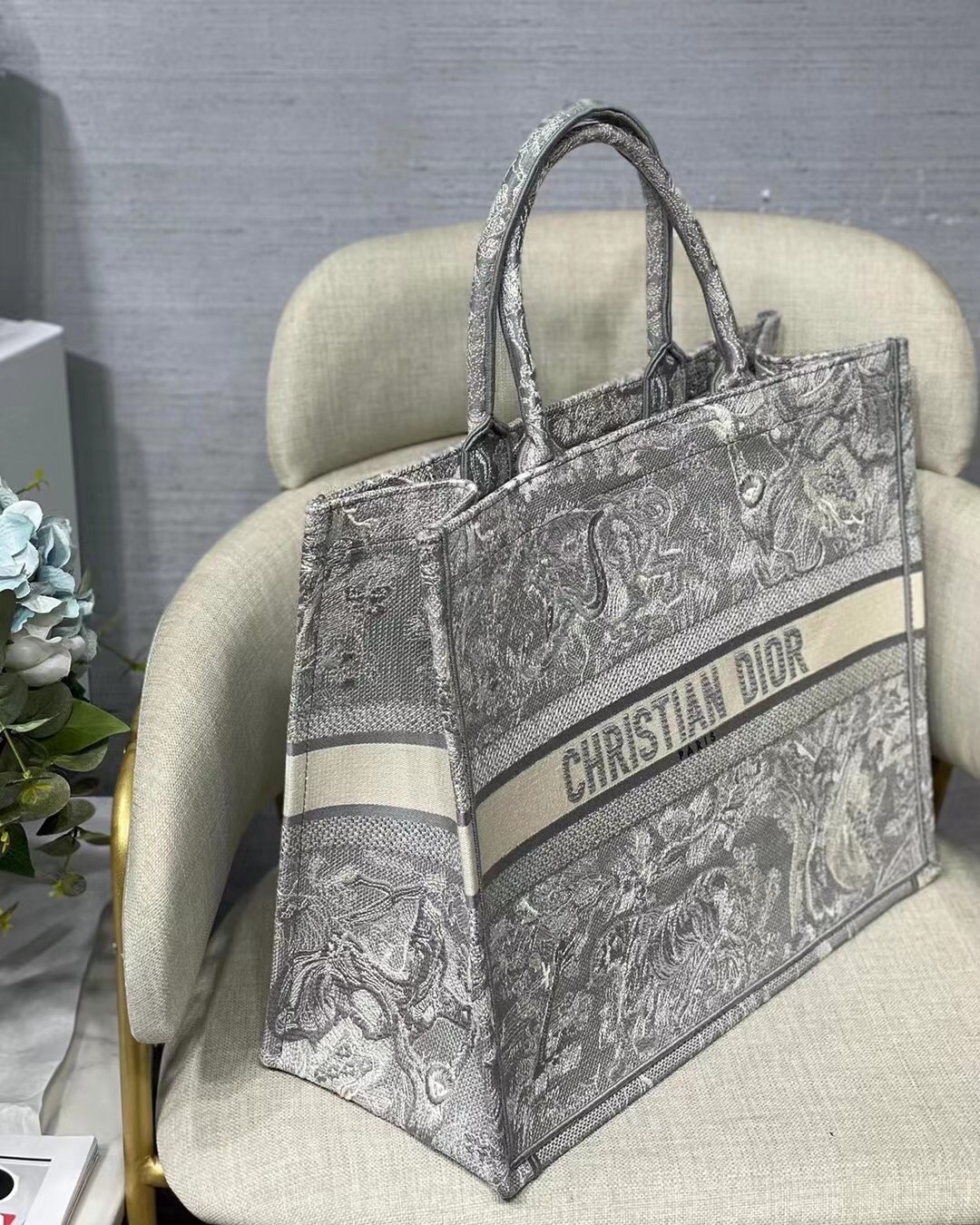 Dior Large Book Tote In Gray Toile de Jouy Reverse Embroidery 346