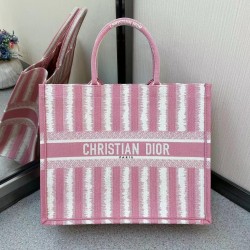 Dior Book Tote Bag In Pink D-Stripes Embroidery 407