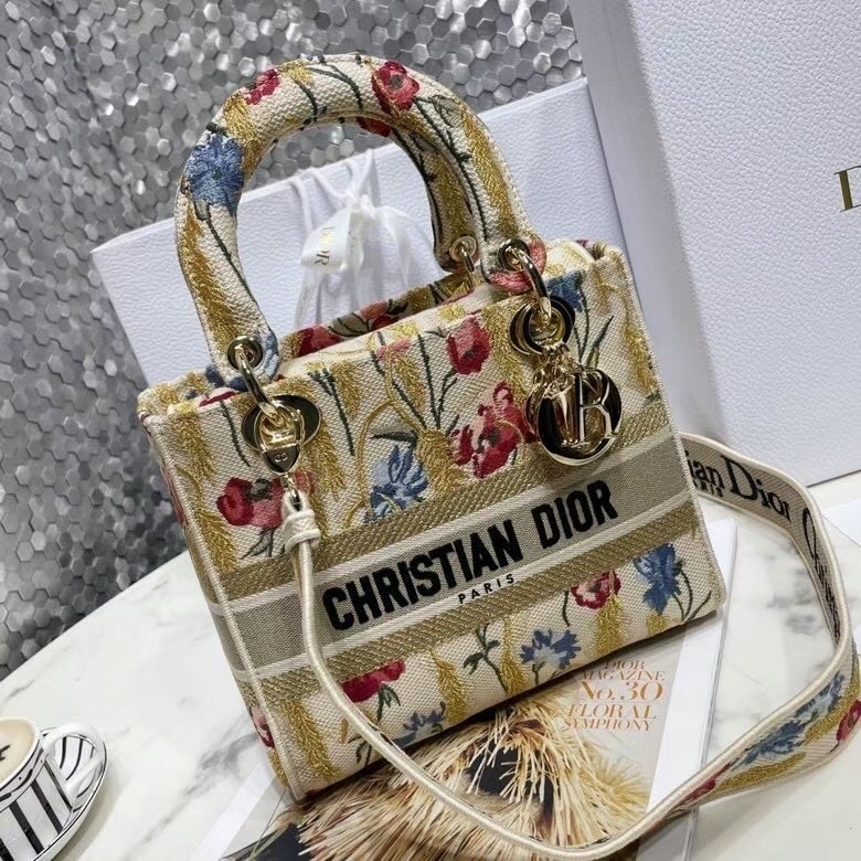 Dior Medium Lady D-Lite Hibiscus Metallic Thread Embroidery Bag  459