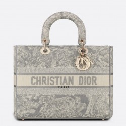 Dior Large Lady D-Lite Bag In Gray Toile de Jouy Reverse Embroidery 607