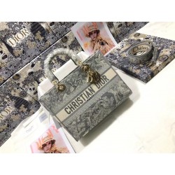 Dior Large Lady D-Lite Bag In Gray Toile de Jouy Reverse Embroidery 607