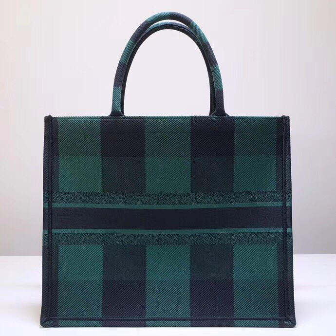 Dior Book Tote Bag In Green/Black Check Embroidered Canvas 606
