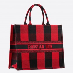 Dior Book Tote Bag In Red/Black Check Embroidered Canvas 491