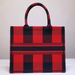 Dior Book Tote Bag In Red/Black Check Embroidered Canvas 491