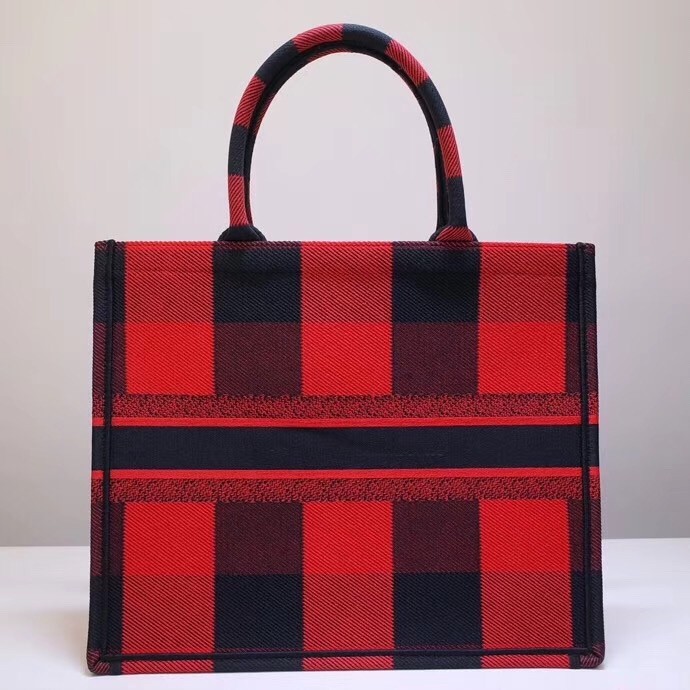 Dior Book Tote Bag In Red/Black Check Embroidered Canvas 491