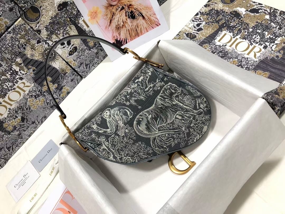 Dior Saddle Bag In Grey Toile de Jouy Reverse Jacquard 483