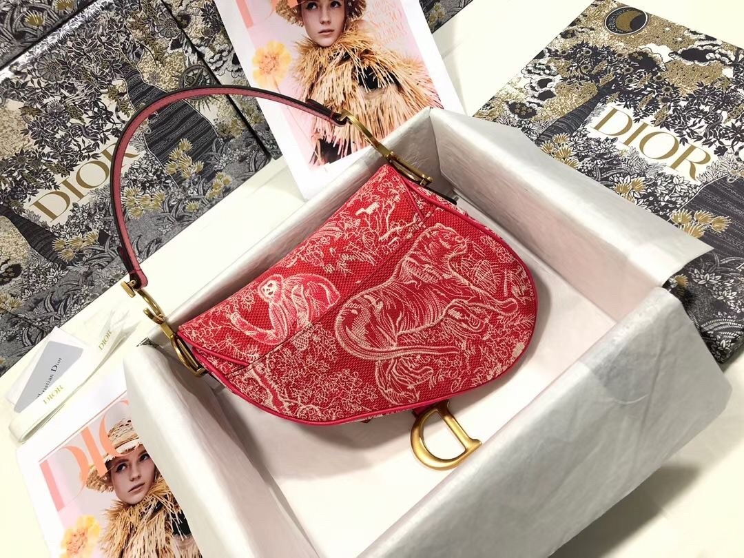 Dior Saddle Bag In Red Toile de Jouy Reverse Jacquard 516