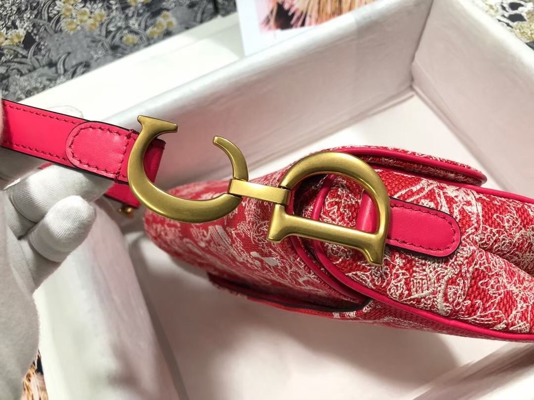 Dior Saddle Bag In Red Toile de Jouy Reverse Jacquard 516