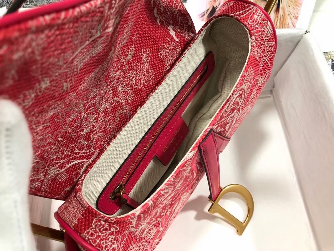 Dior Saddle Bag In Red Toile de Jouy Reverse Jacquard 516