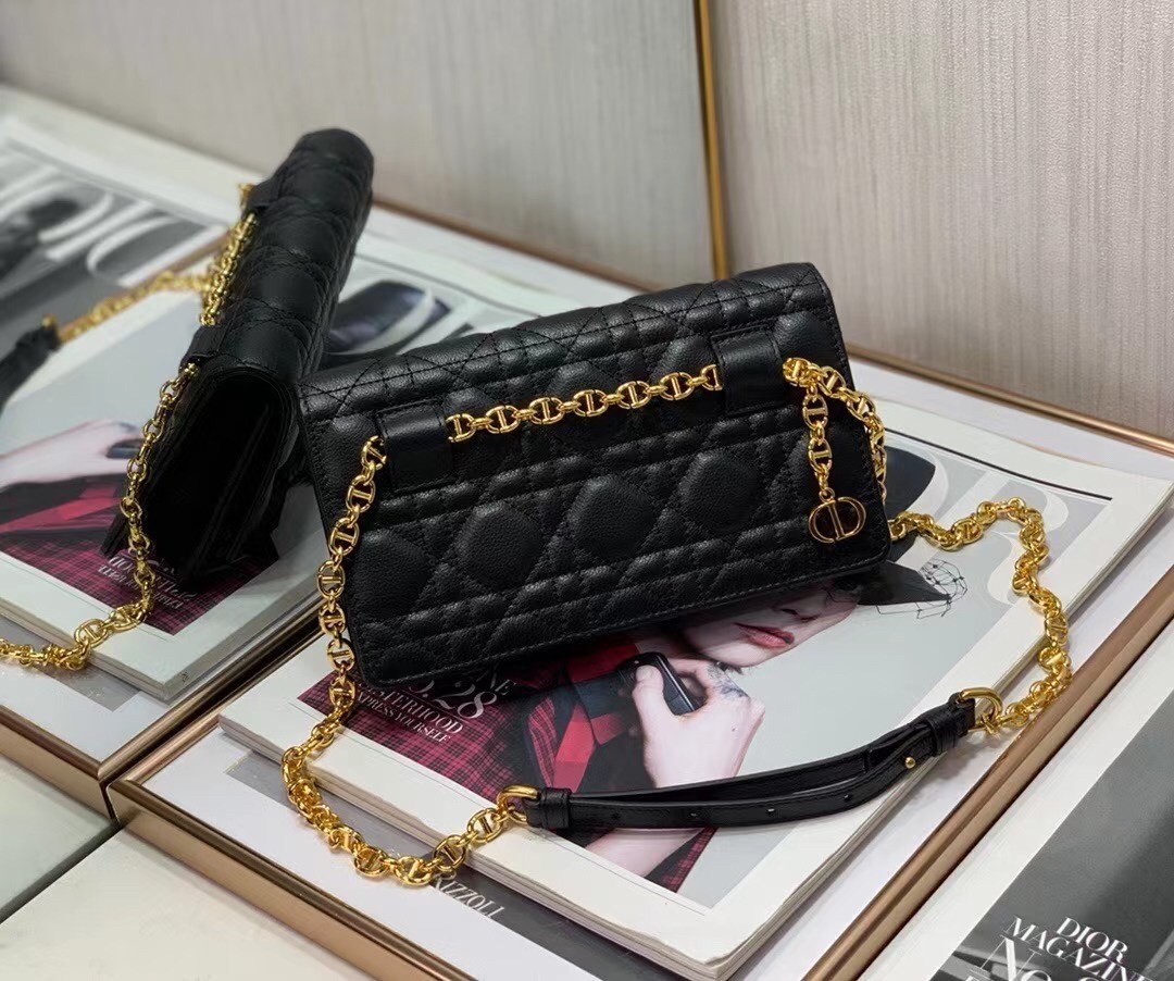 Dior Caro Belt Pouch with Chain In Black Calfskin 583