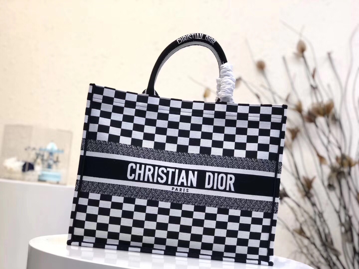 Dior Book Tote Bag In Black/White Checkered Canvas  735