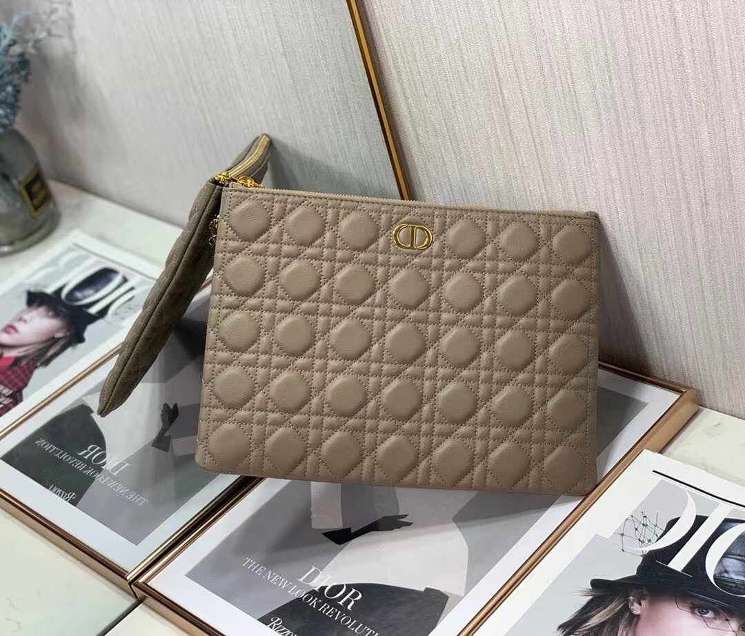 Dior Large Caro Daily Pouch In Beige Calfskin 957
