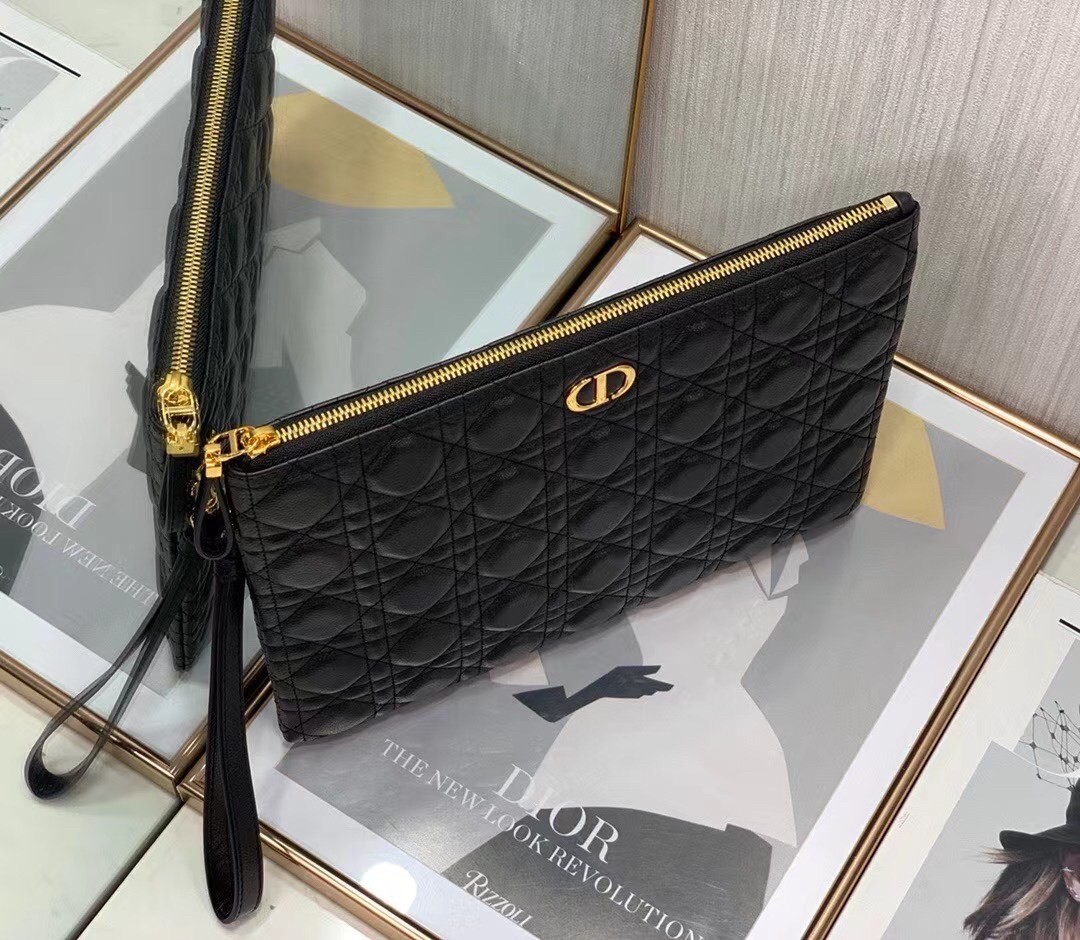 Dior Large Caro Daily Pouch In Black Calfskin 864