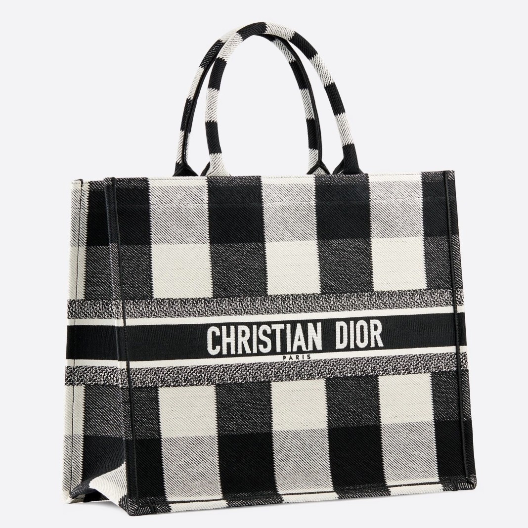 Dior Book Tote Bag In White/Black Check Embroidered Canvas 101