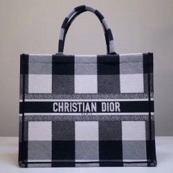 Dior Book Tote Bag In White/Black Check Embroidered Canvas 101