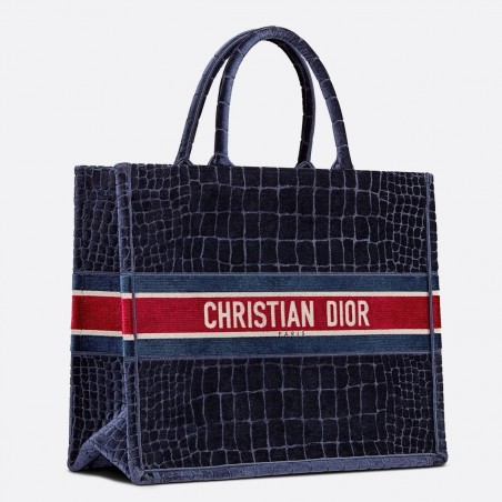 Dior Book Tote In Blue Crocodile-Effect Embroidered Velvet 173