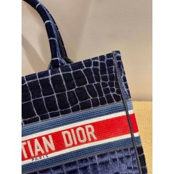 Dior Book Tote In Blue Crocodile-Effect Embroidered Velvet 173