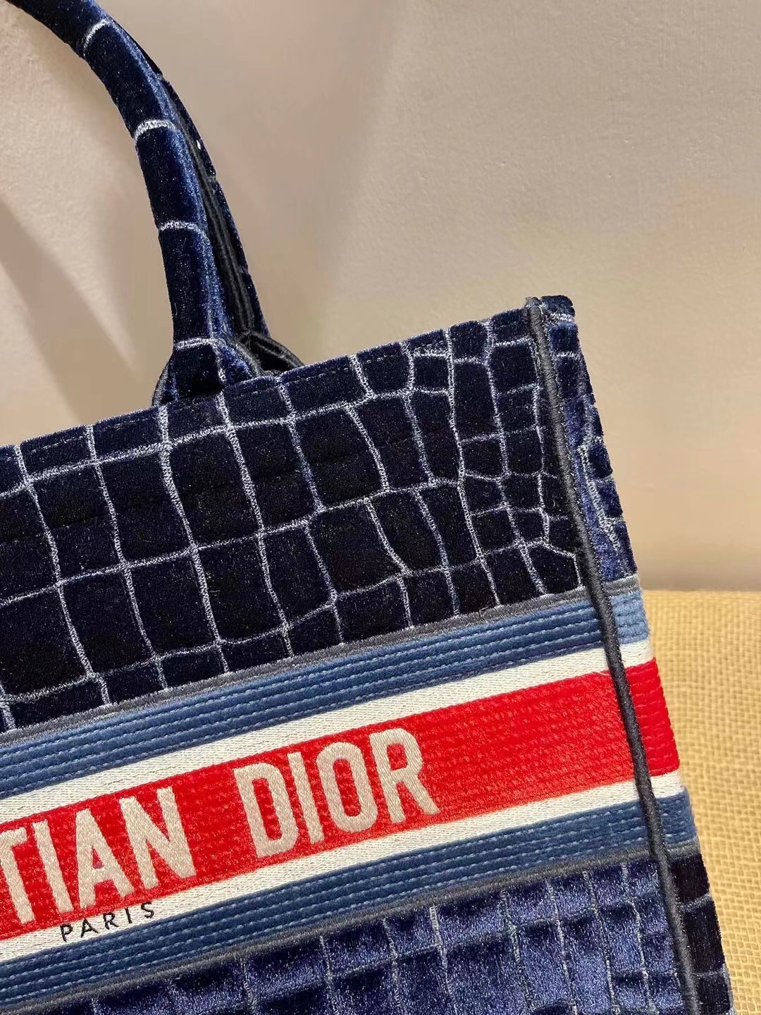 Dior Book Tote In Blue Crocodile-Effect Embroidered Velvet 173