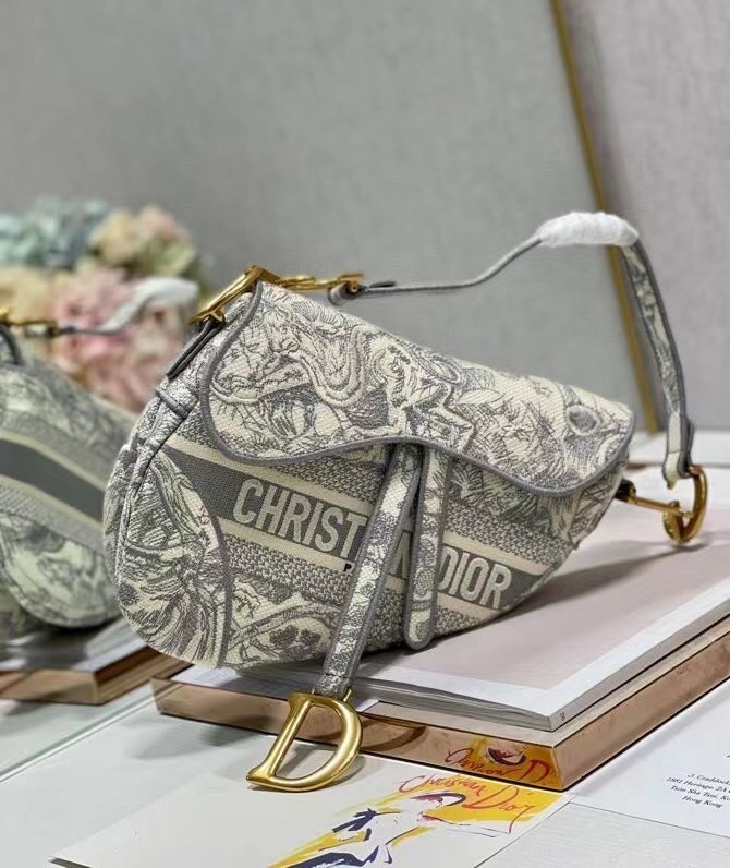 Dior Saddle Bag In Grey Toile de Jouy Embroidery 028