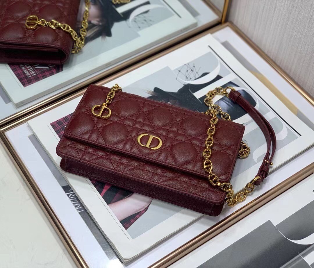 Dior Caro Belt Pouch with Chain In Bordeaux Calfskin 050