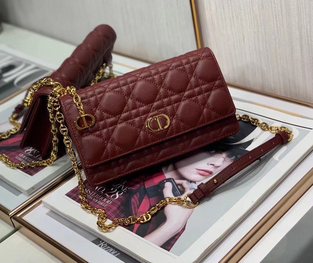 Dior Caro Belt Pouch with Chain In Bordeaux Calfskin 050