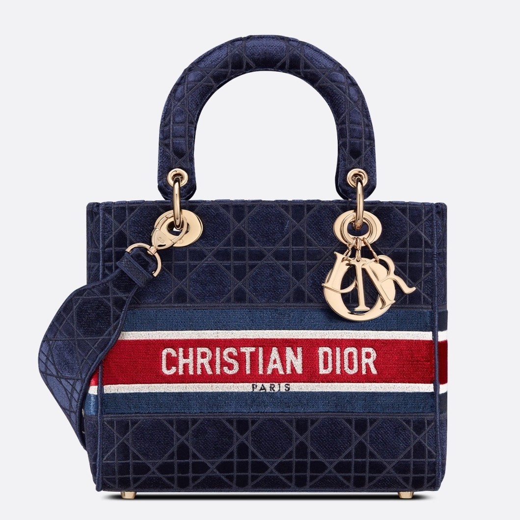 Dior Medium Lady D-Lite Bag In Blue Velvet Embroidery 388